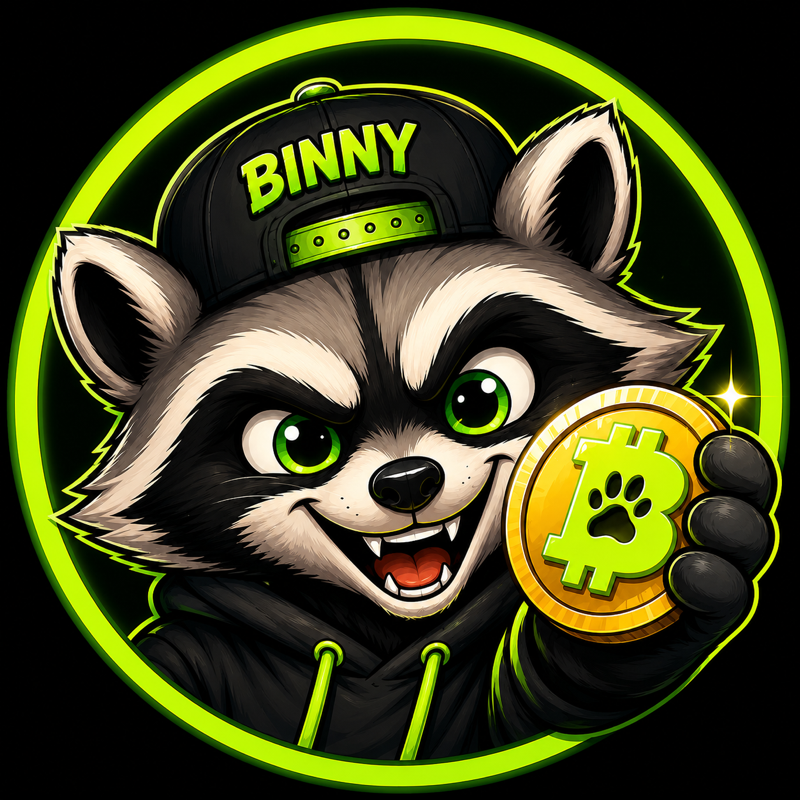BINNY — the trash panda mascot holding a treasure coin